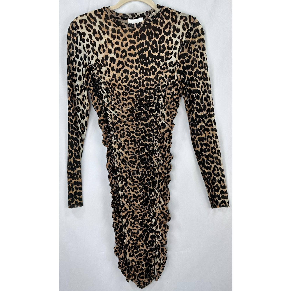 GANNI Midi Dress Ruched Leopard Print Stretch Mesh Long Sleeve size 36 / US 4 - Picture 2 of 8